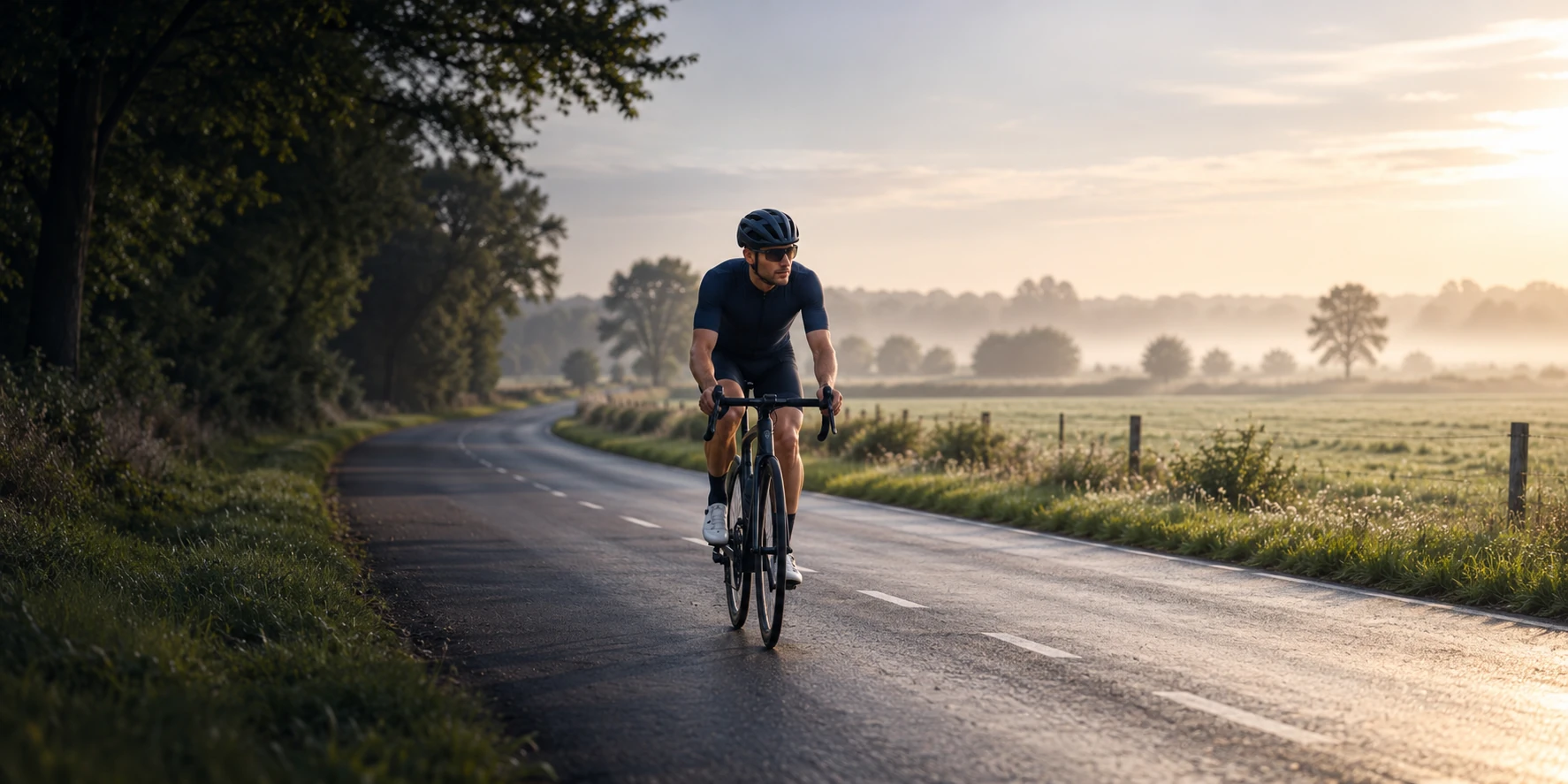 Un cycliste s’entraîne sur une route de campagne