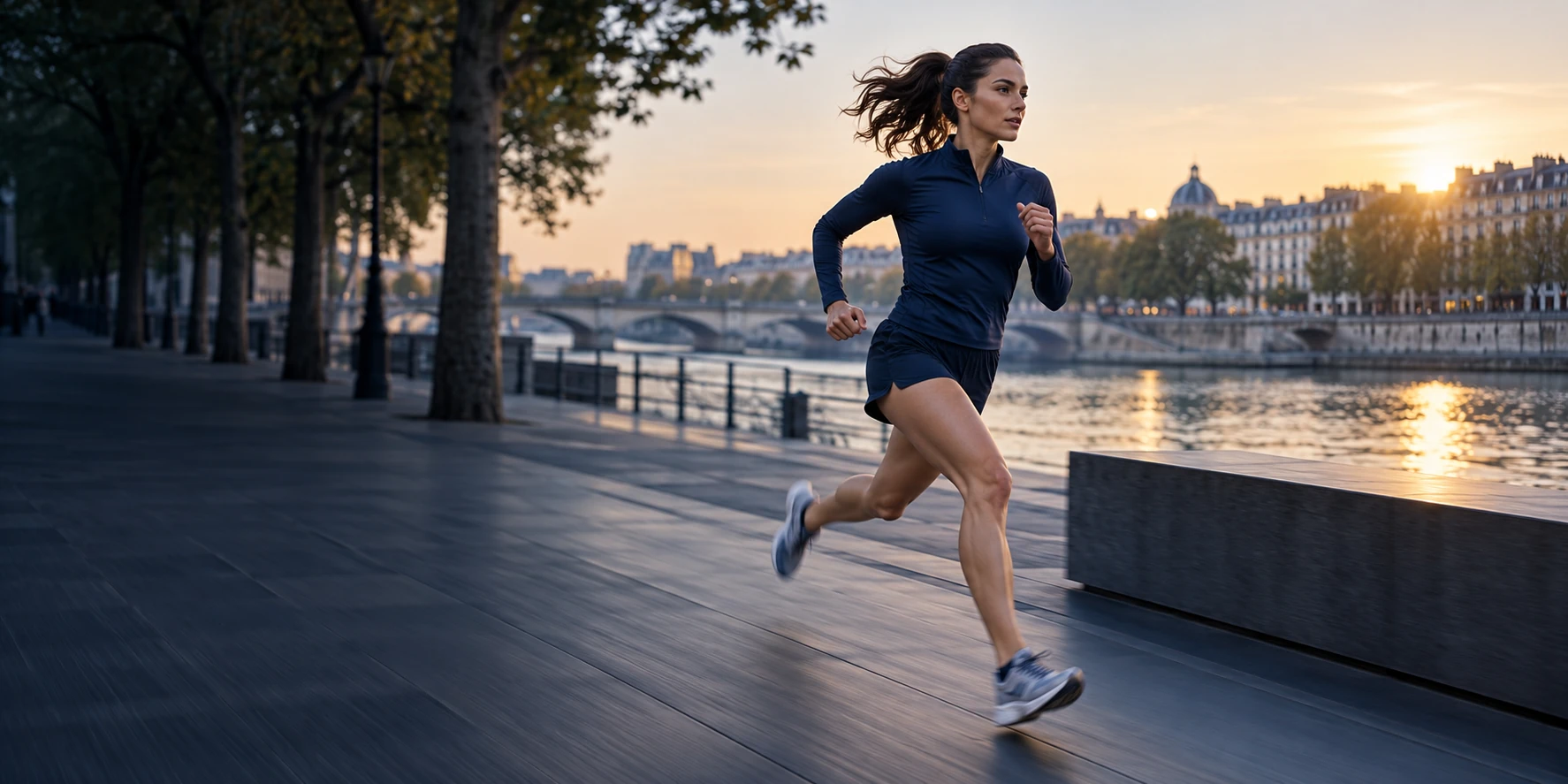Une sportive court sur une promenade urbaine au petit matin