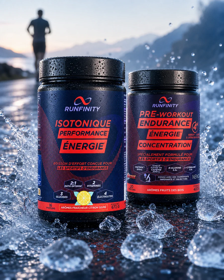 Boissons isotonique et pre-workout Runfinity dans une ambiance fraîche de sport d’endurance