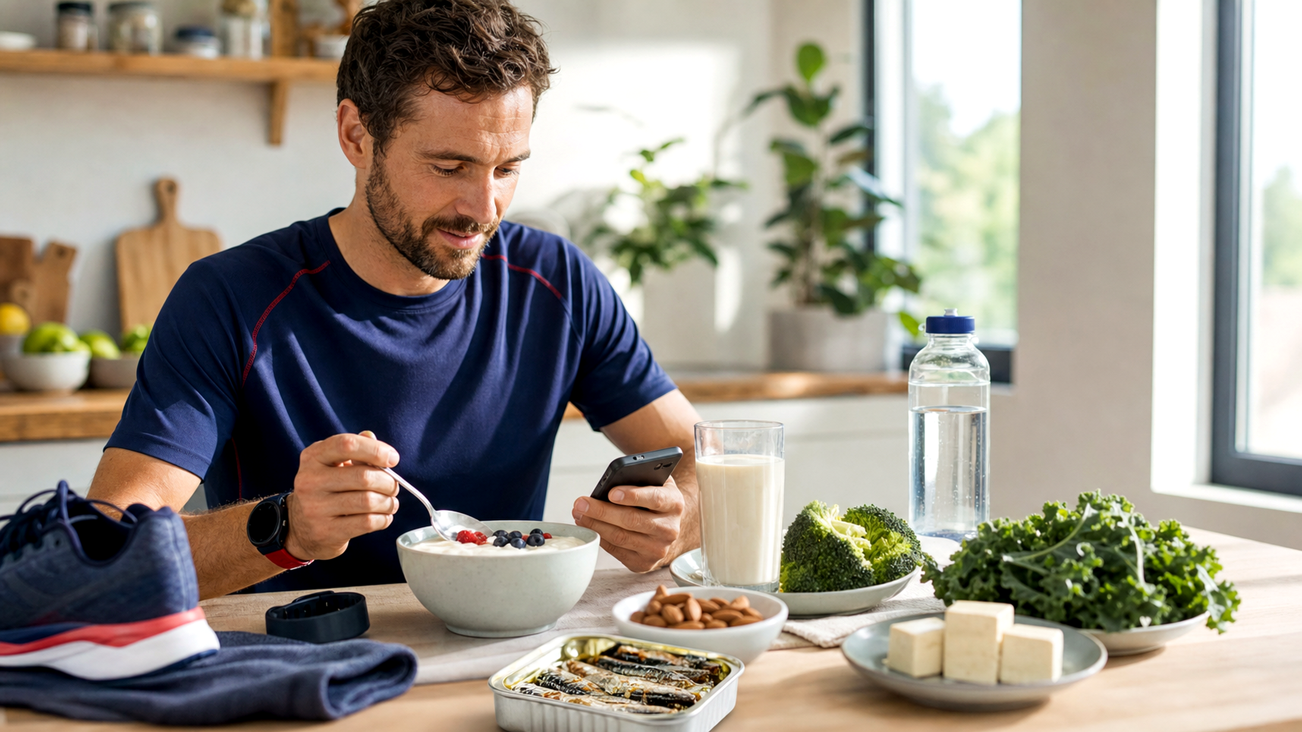 Sportif d'endurance organisant ses apports et aliments riches en calcium autour de l'entra?nement