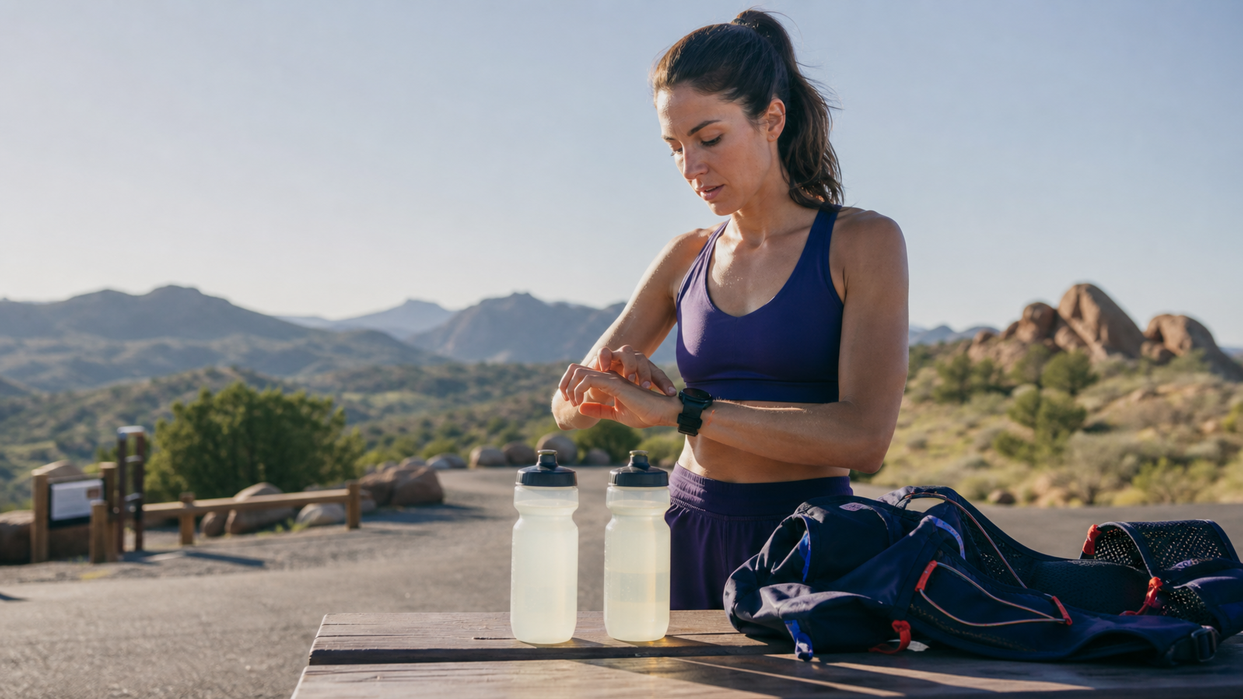 Sportive préparant sa dose de boisson d'effort avant une séance d'endurance