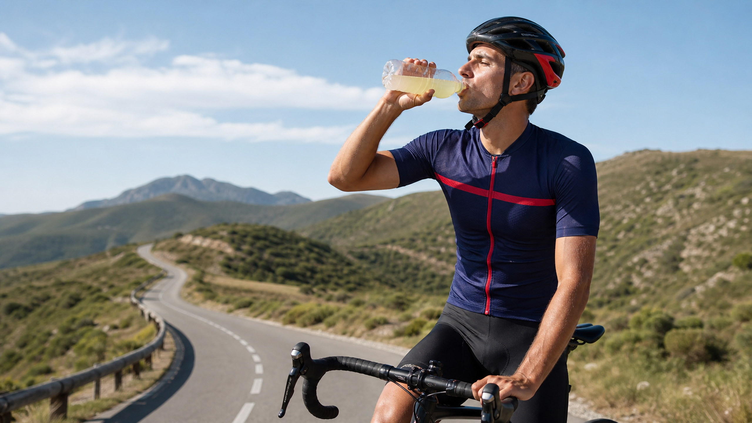 Cycliste utilisant une boisson d'effort pendant une sortie longue