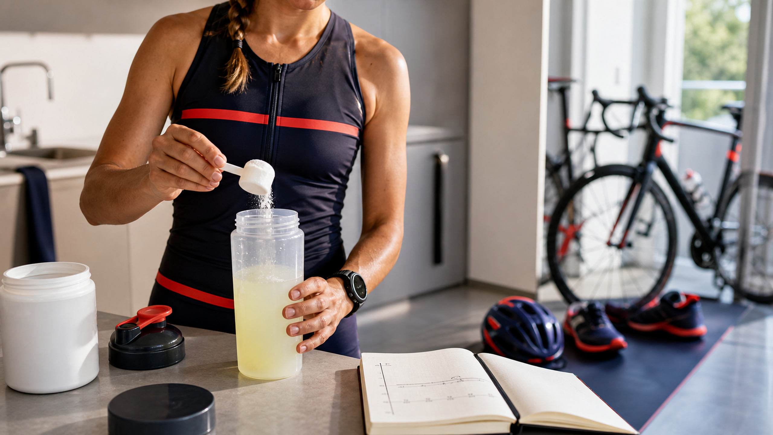 Triathlète qui prépare une boisson d’hydratation avant un effort long