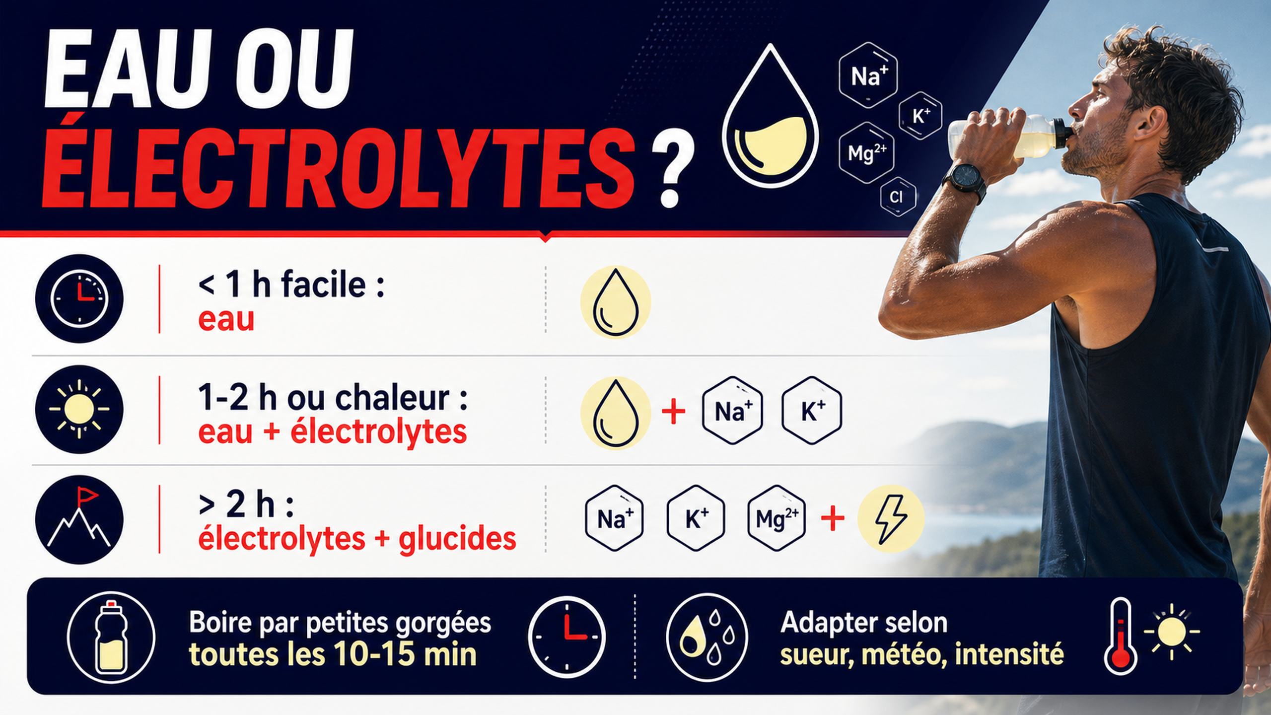 Infographie boisson d'hydratation eau électrolytes et glucides selon la durée d'effort.