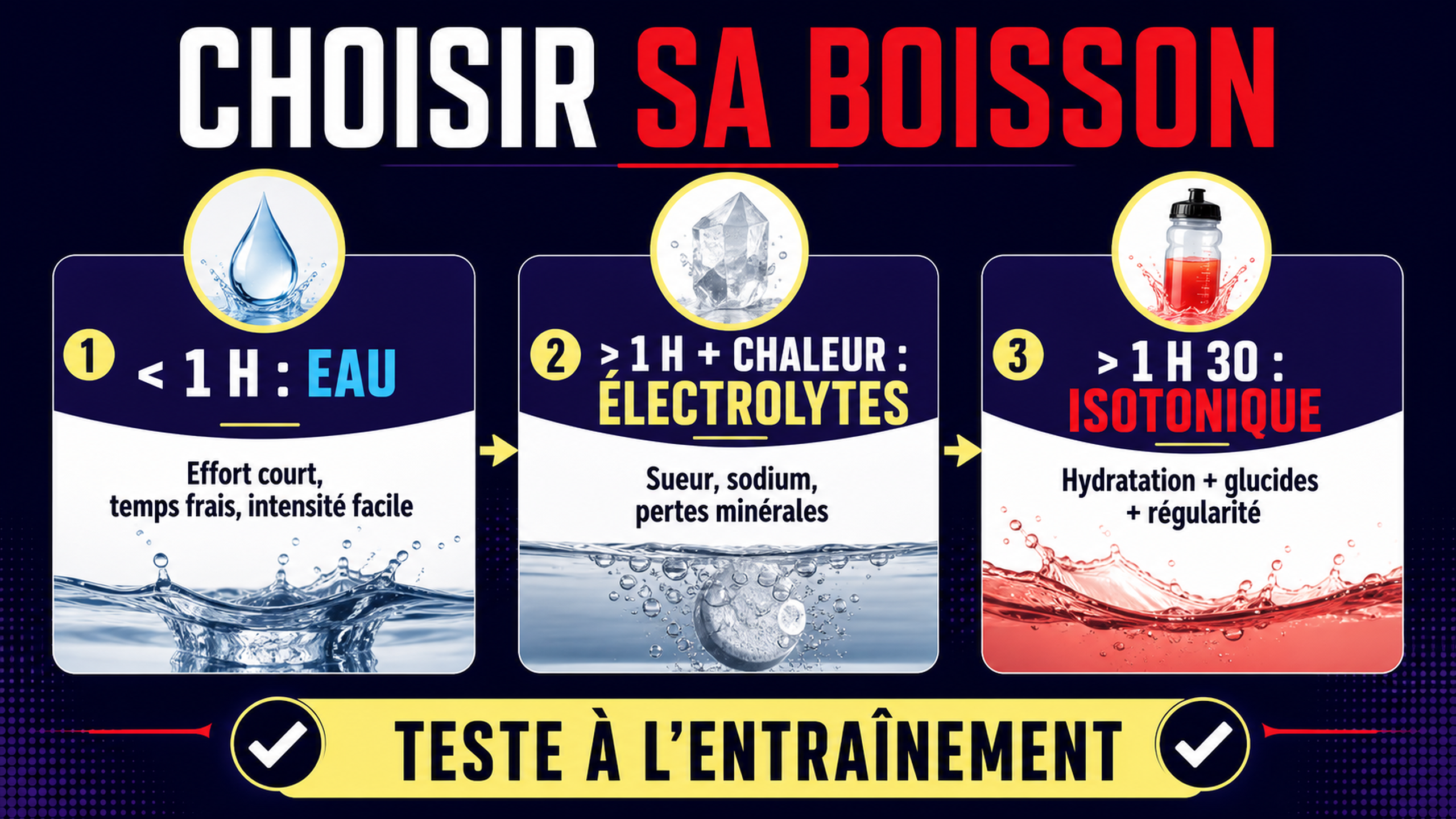 Infographie pour choisir entre eau, électrolytes et boisson isotonique