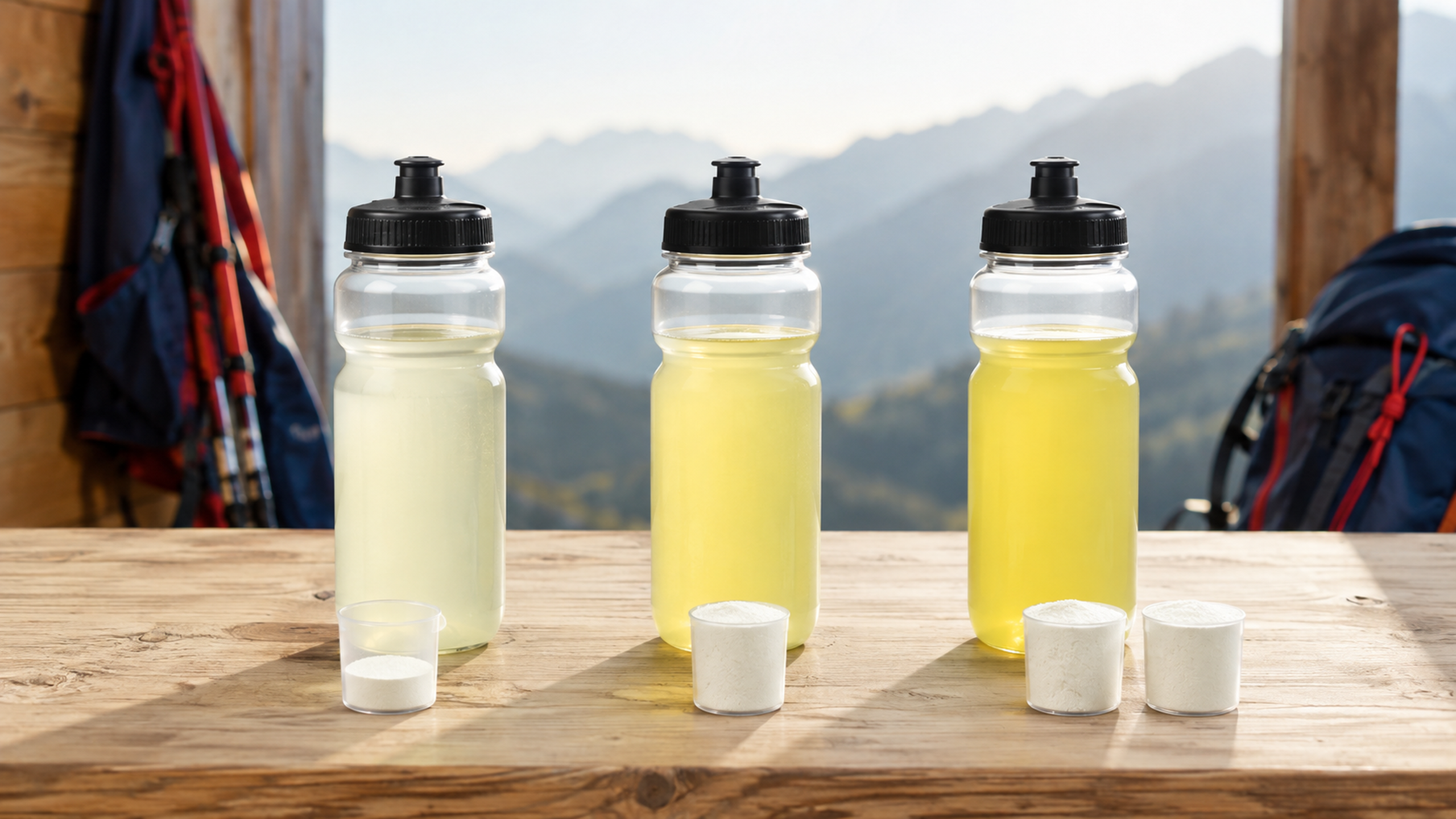 Trois gourdes illustrant une demi-dose, une dose et deux doses de boisson d’effort