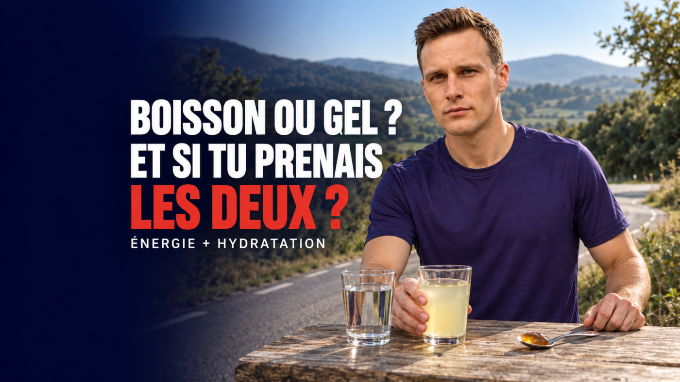 Charles à une table de ravitaillement avec une accroche sur la complémentarité entre boisson et gel énergétique
