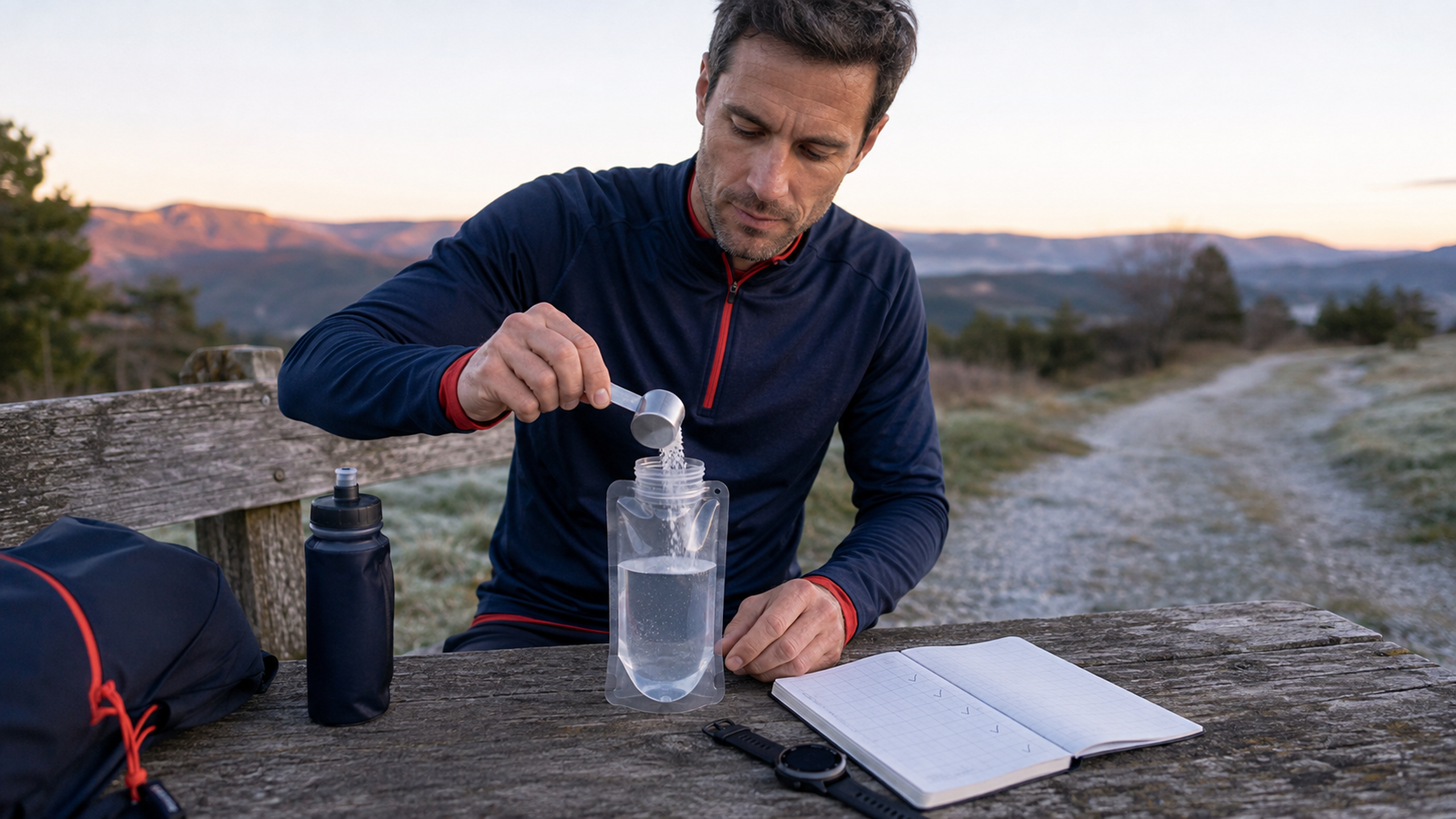 Runner mesurant précisément une boisson et préparant son journal avant un test d’entraînement digestif.