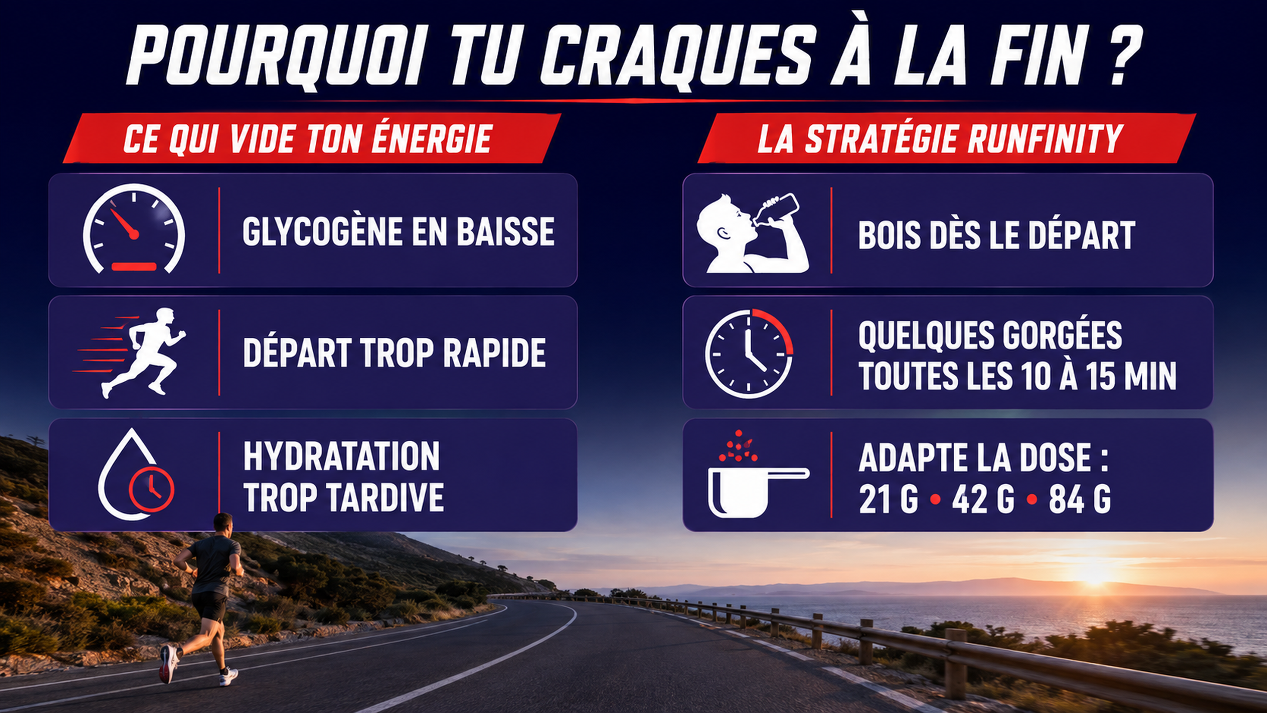 Infographie Runfinity sur les causes de la baisse d’énergie et la stratégie à appliquer dès le départ