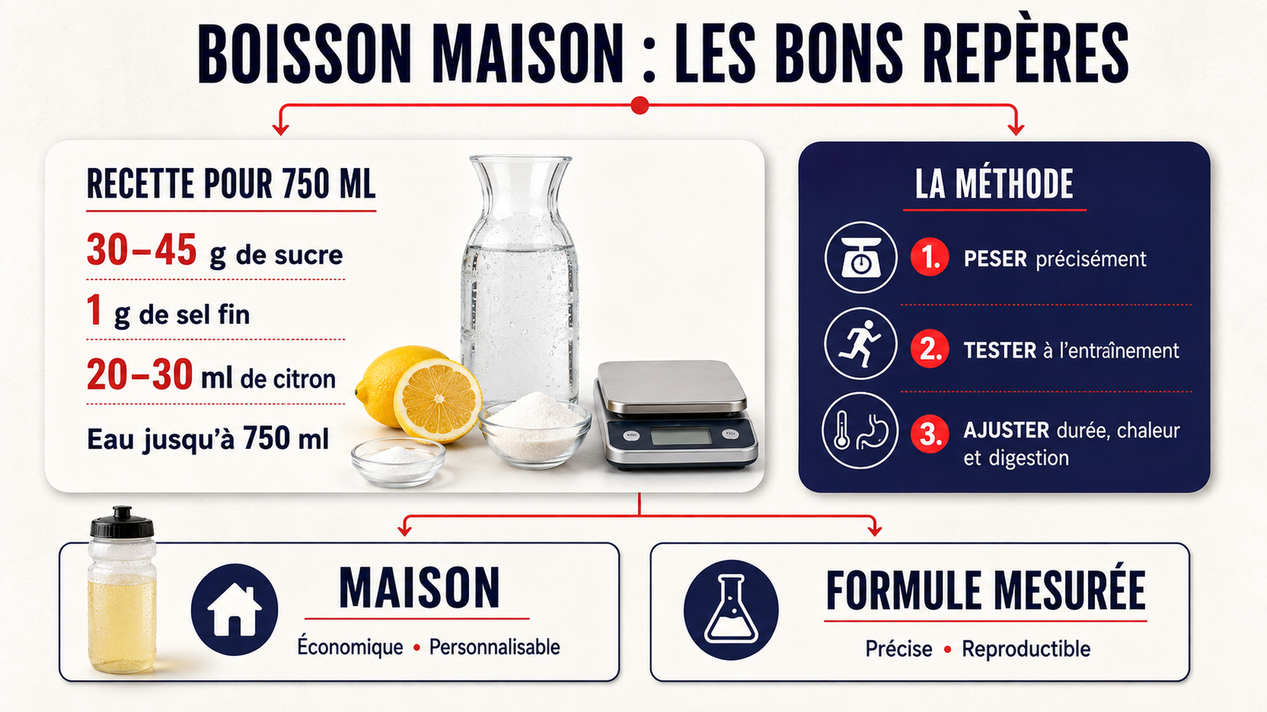 Infographie recette de boisson isotonique maison pour un bidon de 750 ml
