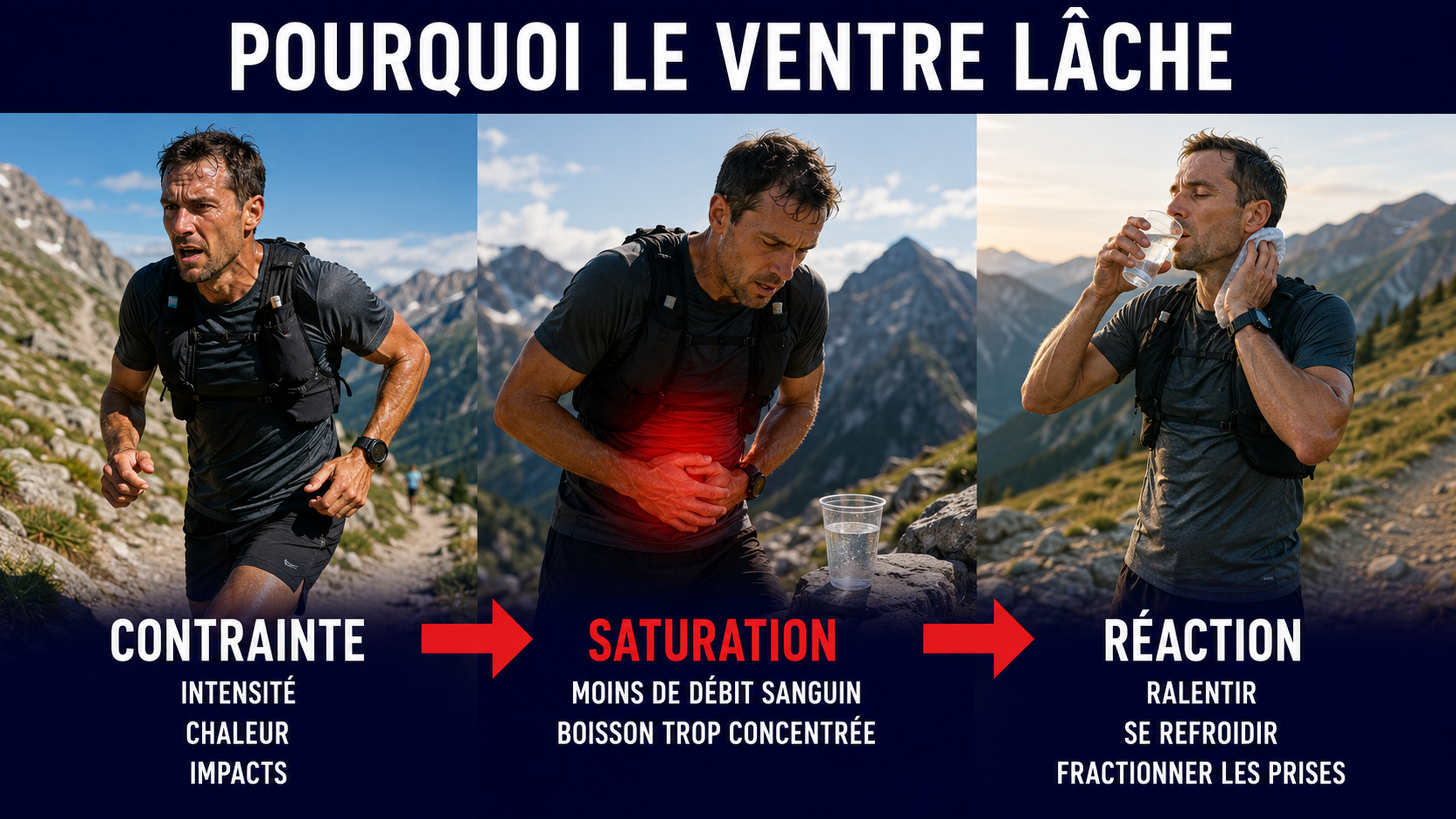 Infographie en trois étapes montrant la contrainte, la saturation digestive et la réaction à adopter pendant l’effort.