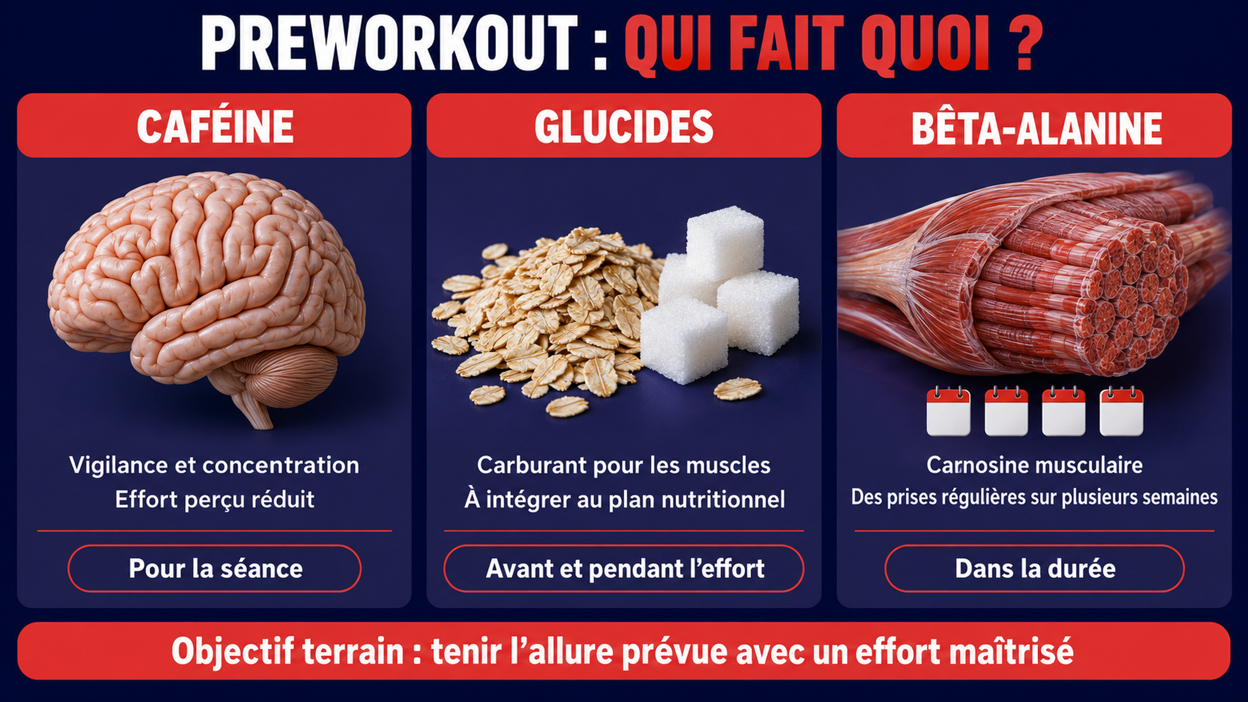 Infographie sur la caféine, les glucides et la bêta-alanine dans la préparation sportive