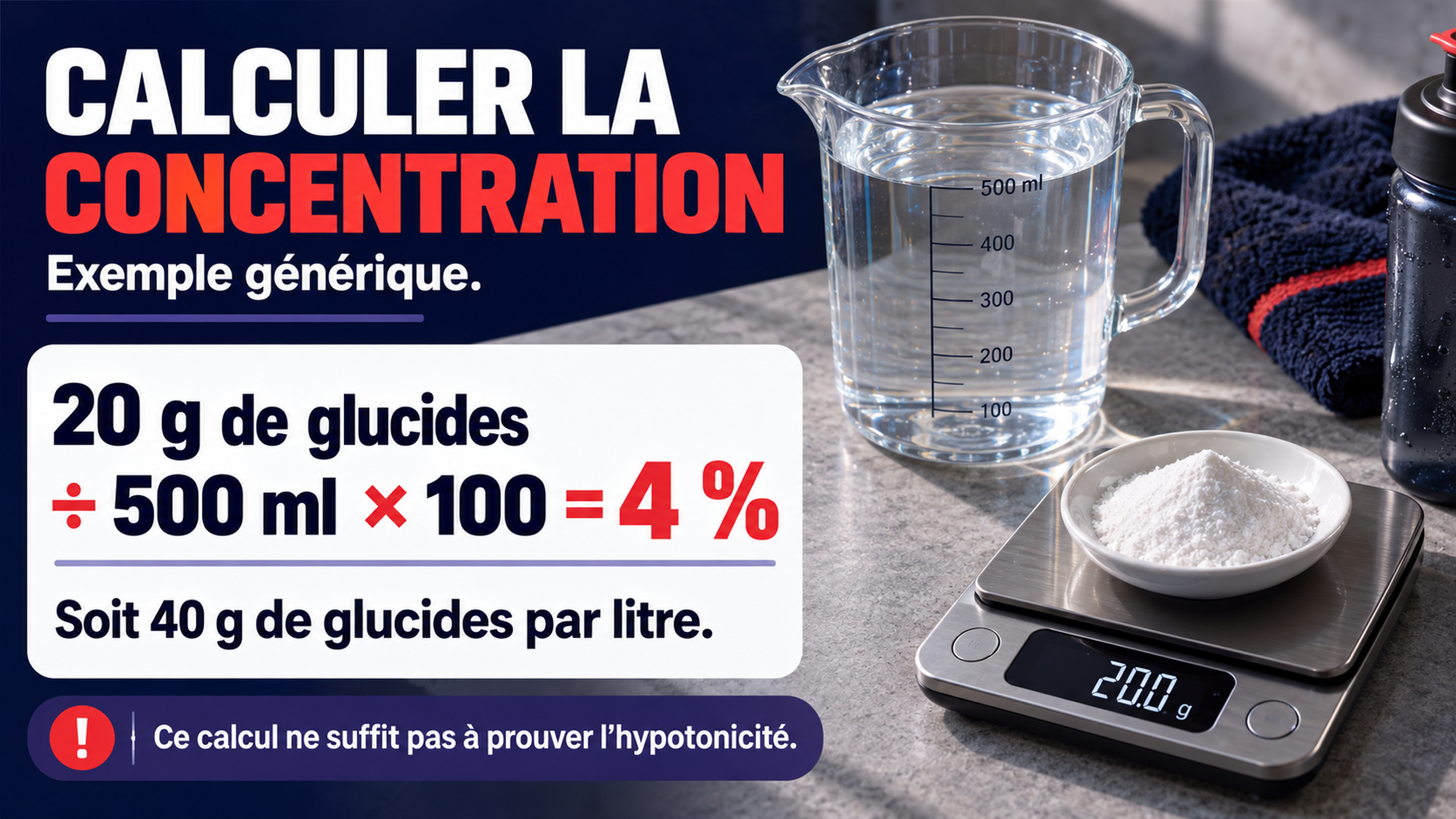 Exemple de calcul de concentration avec 20 grammes de glucides dans 500 millilitres de boisson soit 4 pour cent