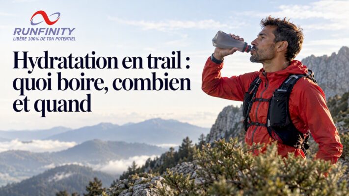 Un traileur boit sur un sentier de crête en haute montagne