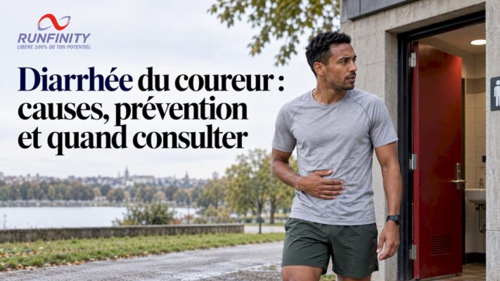 Un coureur qui fait une pause près des toilettes