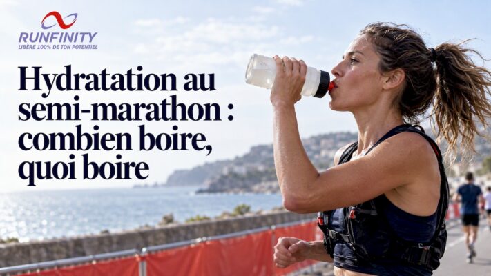 Femme coureuse buvant à sa gourde lors d'un semi-marathon