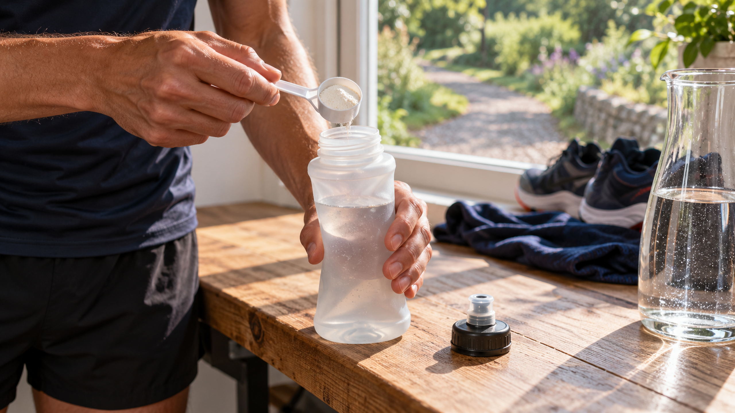 Préparation d’une boisson d’effort dans une flasque souple transparente avec une cuillère de poudre et de l’eau avant une séance de running.