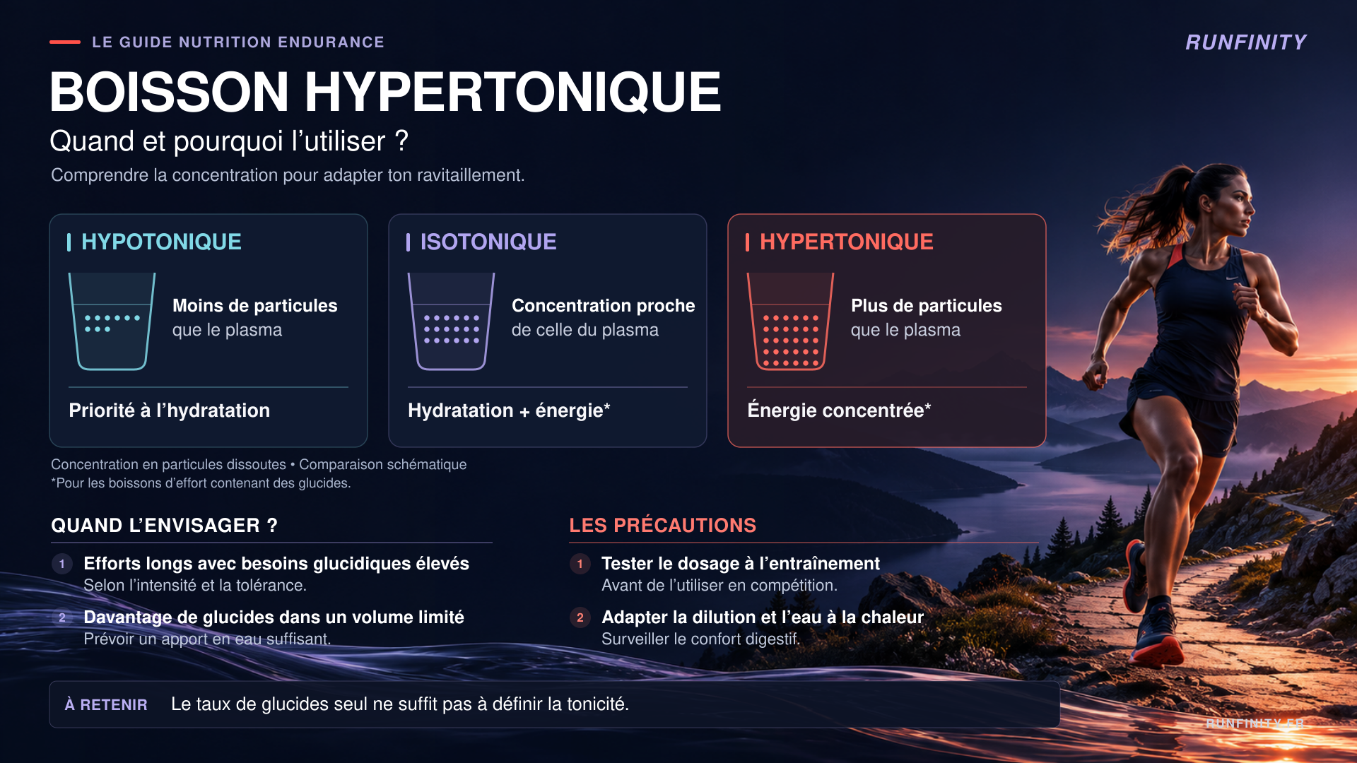 Infographie Runfinity comparant les boissons hypotoniques, isotoniques et hypertoniques et leurs usages pendant l’effort.