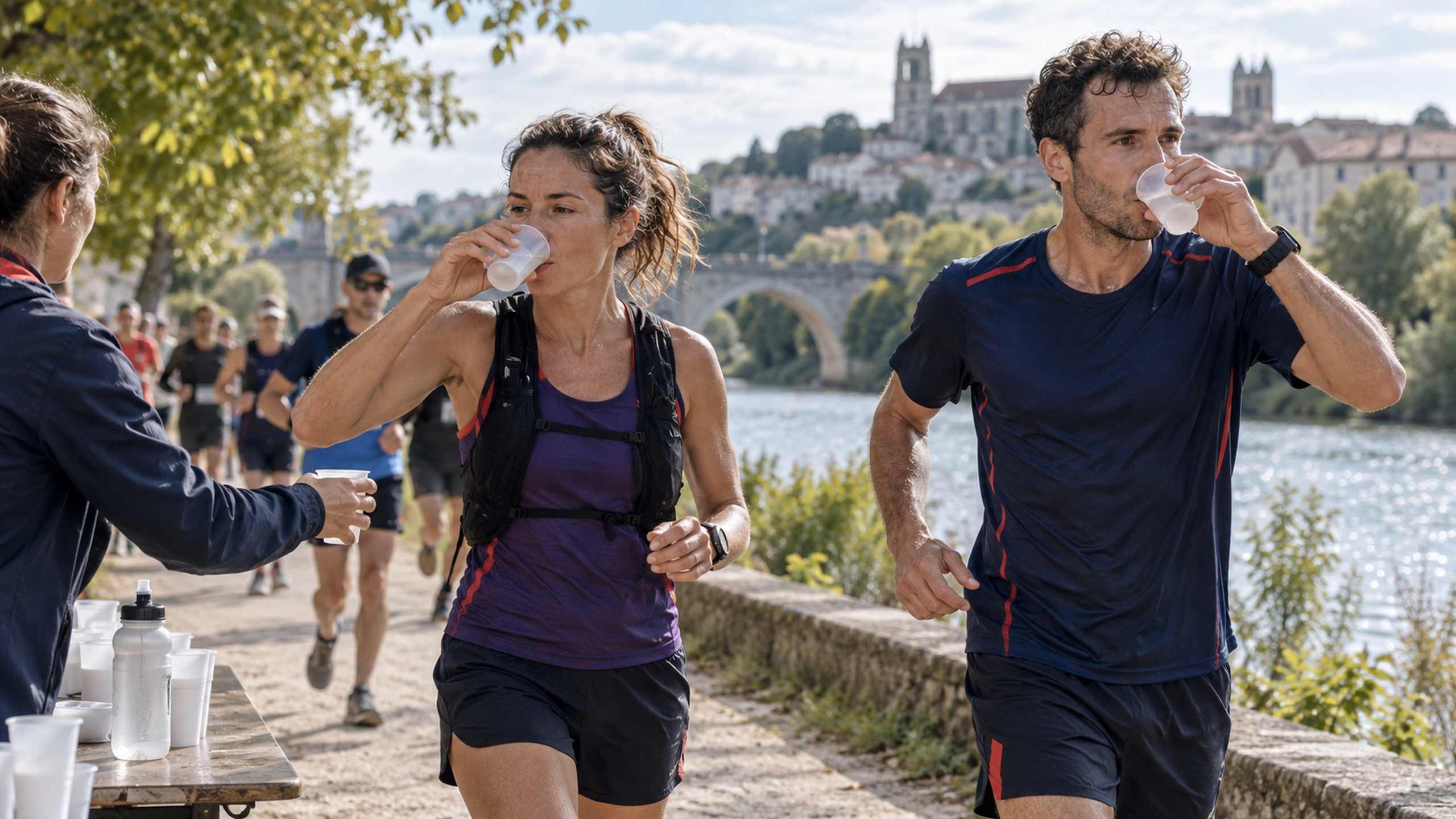 Une coureuse et un coureur prennent de petites gorgées à un ravitaillement sur un parcours d’endurance.
