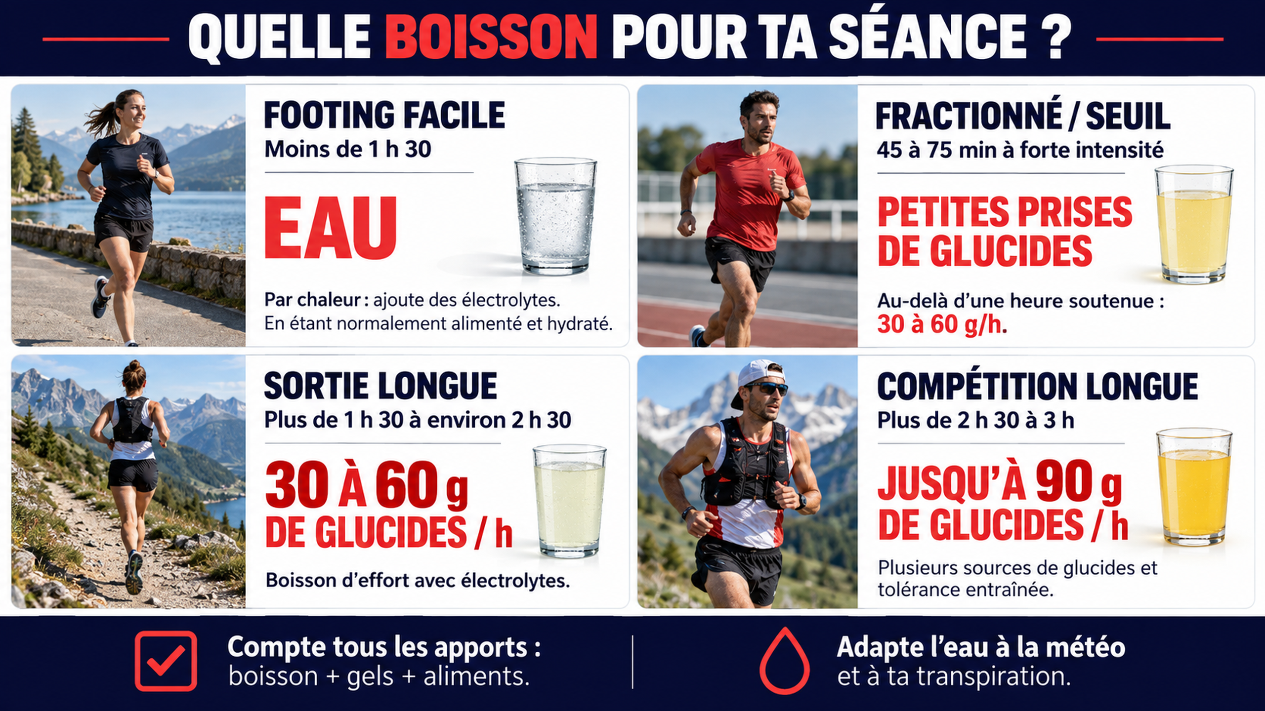 Infographie comparant l’eau sur footing facile, les glucides sur fractionné et les apports des sorties longues et compétitions.