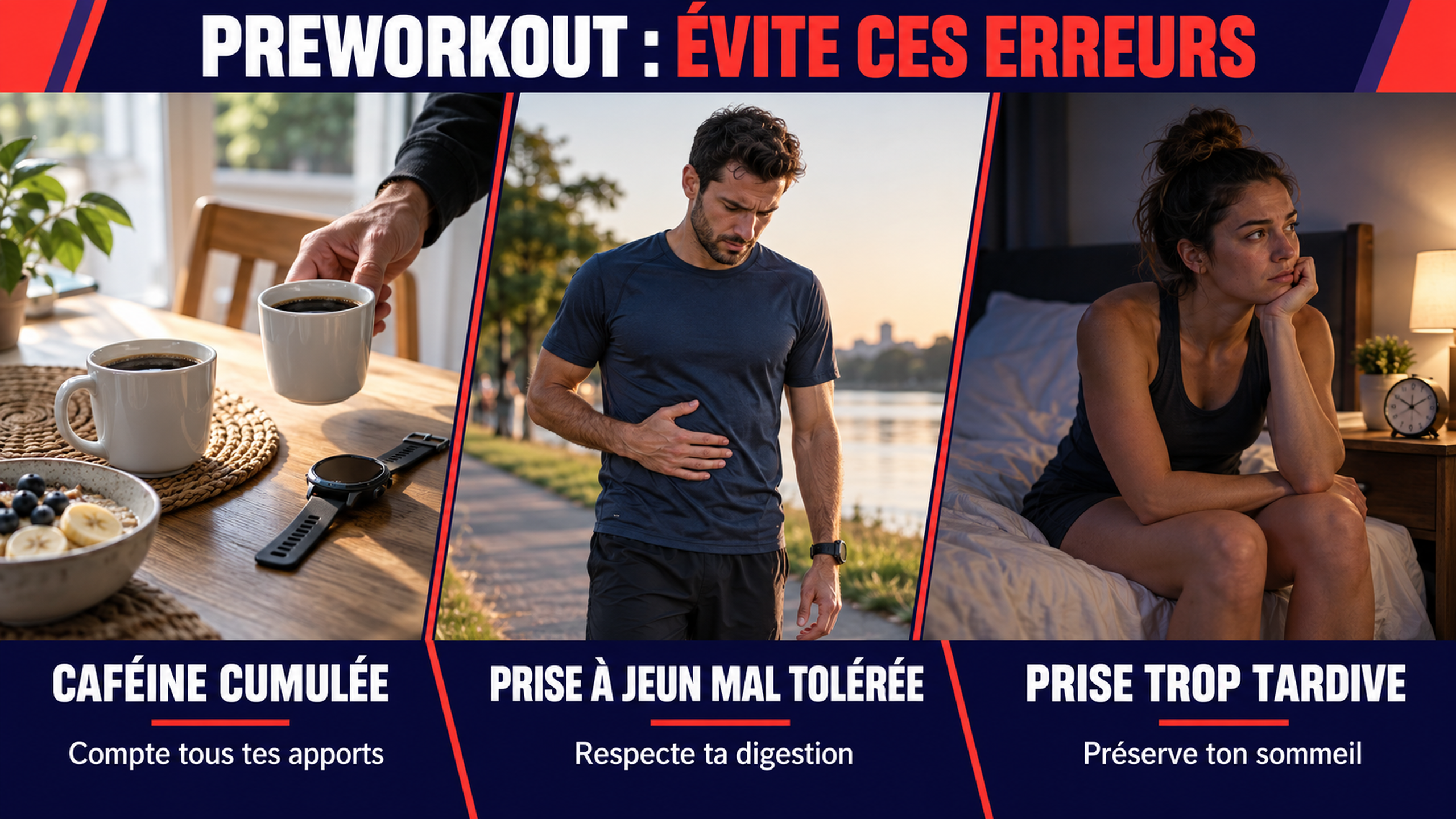 Trois erreurs à éviter avec un preworkout : cumul de caféine, prise à jeun mal tolérée et prise tardive qui perturbe le sommeil.