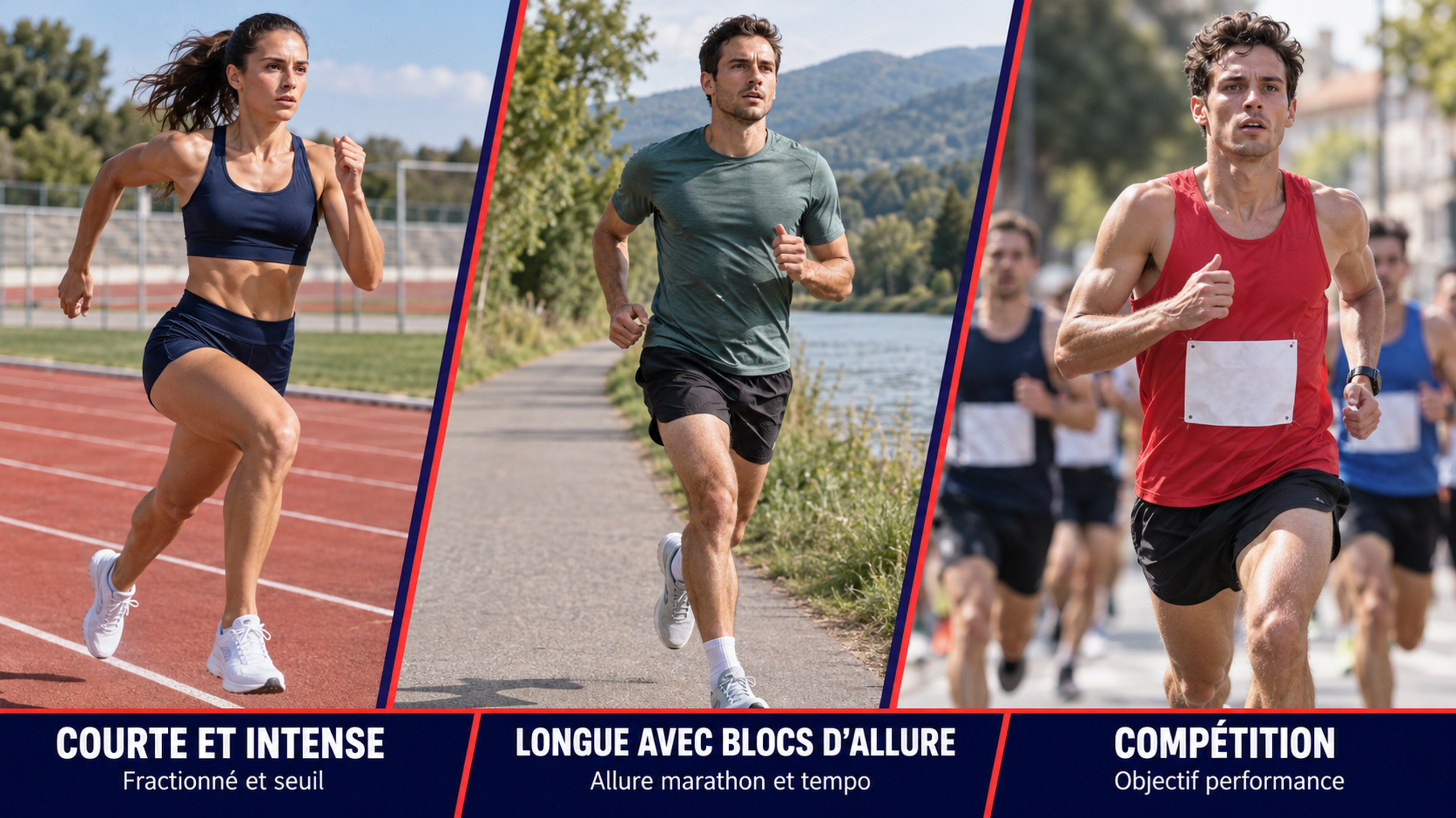 Trois situations d’endurance pour le preworkout : fractionné sur piste, sortie longue avec blocs d’allure et compétition running.