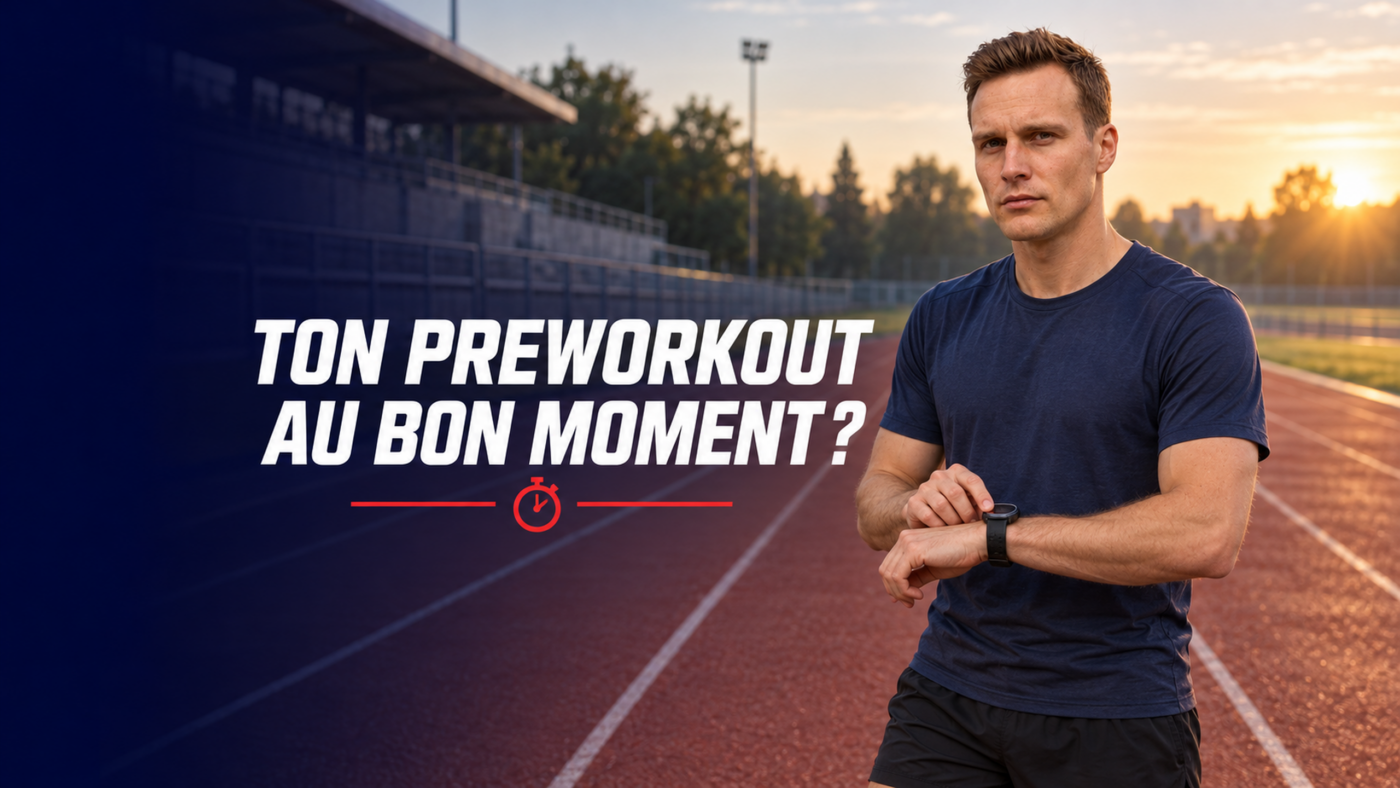 Charles sur une piste d’athlétisme, prêt à s’échauffer avant une séance, avec une accroche sur le timing du preworkout.
