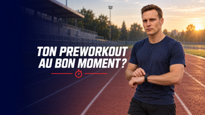 Charles sur une piste d’athlétisme, prêt à s’échauffer avant une séance, avec une accroche sur le timing du preworkout.