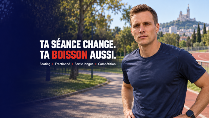 Charles sur un parcours de running avec l’accroche Ta séance change, ta boisson aussi.