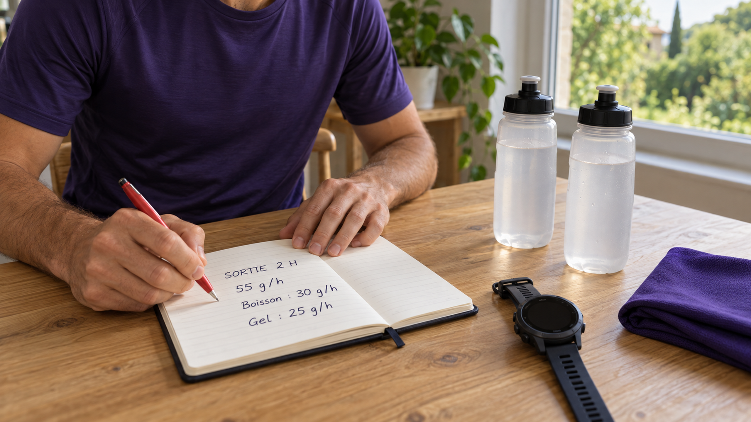 Un runner prépare ses flasques et note un exemple d’apport de 55 g de glucides par heure, réparti entre boisson et gel.
